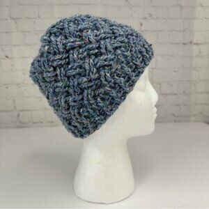 Handmade New Blue Donegal Tweed Wool Basketweave‎ Winter Knit Beanie - Adult S/M